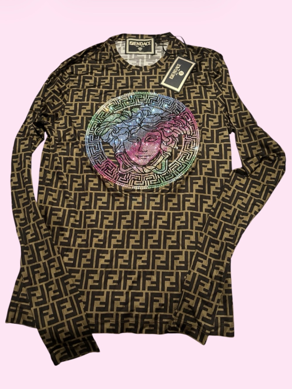 Fendace Fendi x Versace Rhinestone Medusa Logo Long Sleeve Top - Fendi Logo NWT - Picture 1 of 7